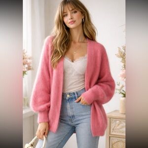 Bubblegum Pink Fuzzy Cardigan Lined Soft Angora-Feel Sweater Anthropologie Style